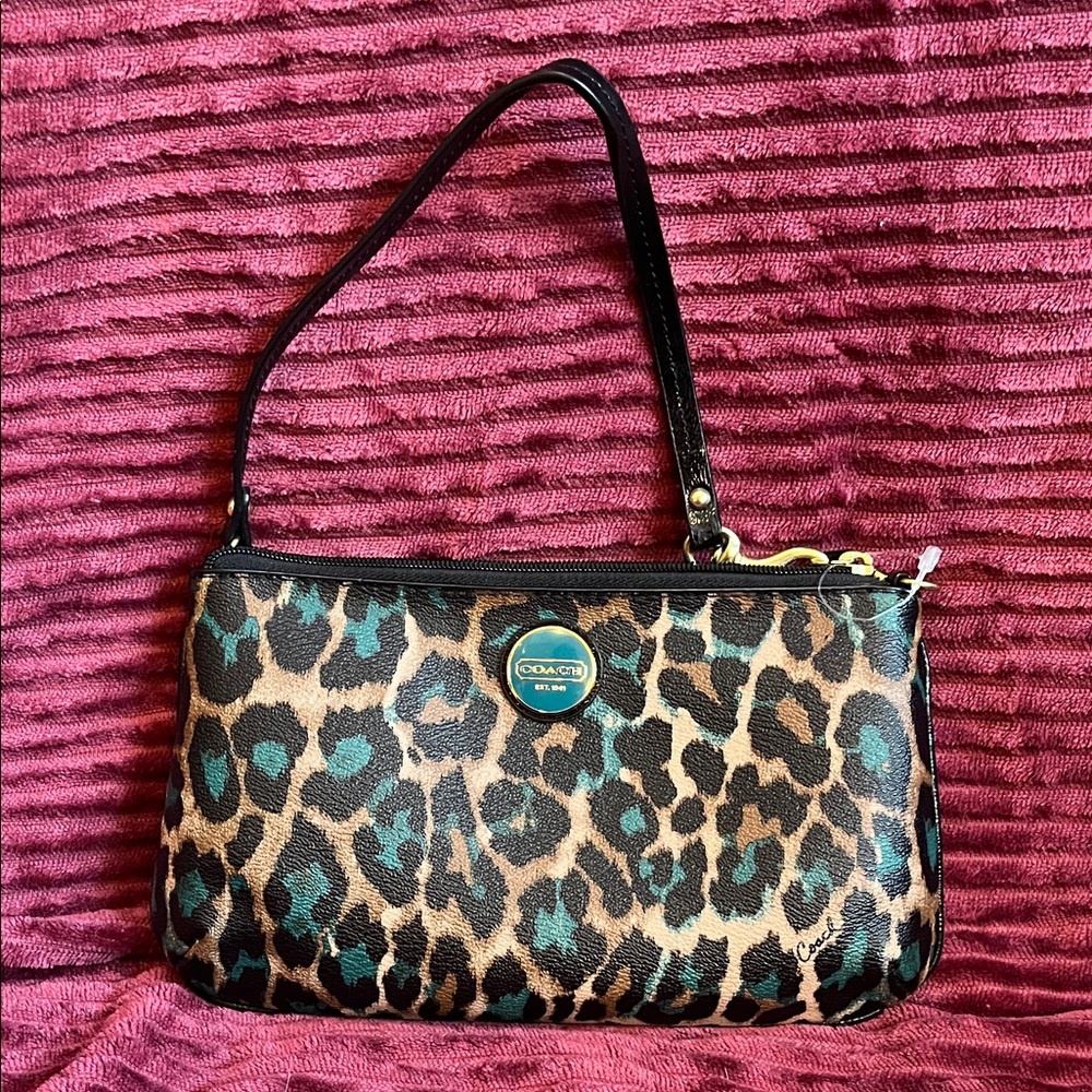 Coach Leopard Print Wristlet Bag - Black, Brown, and Teal Small Bag